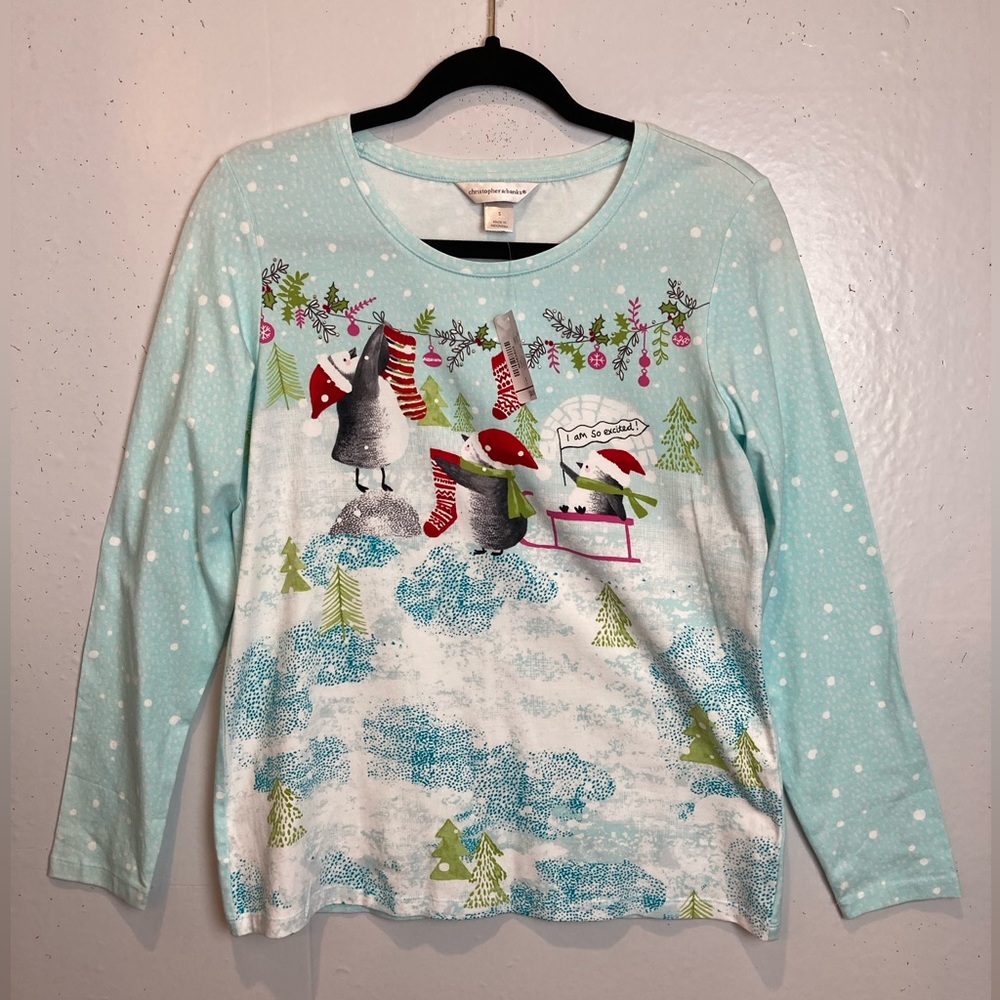 Christopher & Banks Penguins Top Size S Aqua Christmas Winter Studs TShirt